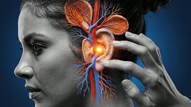 Woman examines her ear with visible inner ear anatomy and glowing eardrum.
