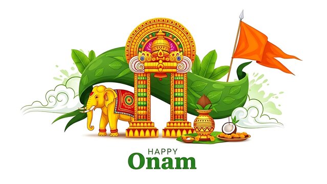 Happy onam festival celebration with traditional elephant, temple arch and cultural symbols