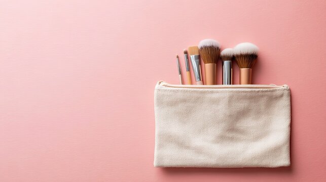 Open zipper cosmetic pouch flat lay of brushes and beauty products, pink gradient with copy space, even soft light for refined storage scene