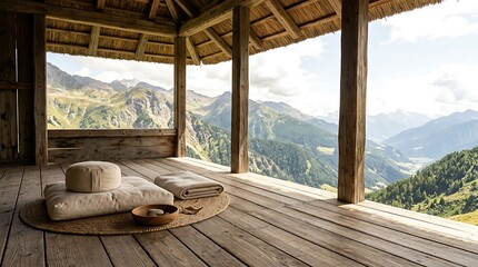 Obraz premium Serene mountain meditation platform with cushions and blankets offering breathtaking valley views a peaceful sanctuary for yoga and mindfulness