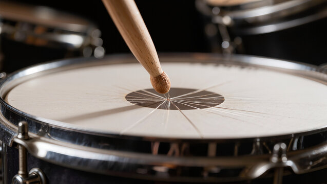 Drumstick hitting snare drum head close up shot with motion blur, percussion instrument detail in music studio, rhythm and beat performance photography
