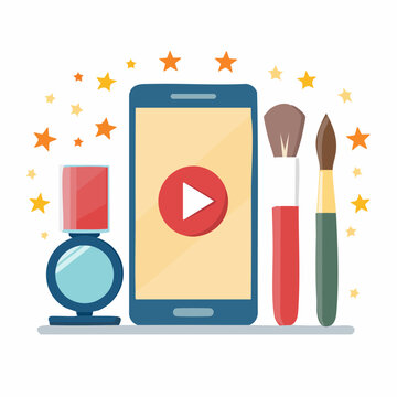 Smartphone with makeup and beauty products, video play button