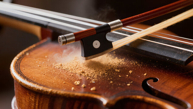 Violin bow with rosin dust on wooden classical instrument close up, orchestra string instrument detail with bow hair and shavings in warm studio light