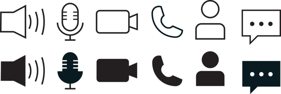 Video call buttons set and Videocall Icon collection. internet conversation buttons for video chat concept, featuring avatar, video call, handset, speaker, message, and mute buttons in isolated vector