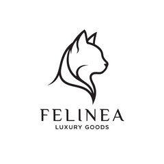 Minimalist cat head logo vector, elegant feline profile line art for luxury goods branding, black and white pet silhouette icon © Abdul