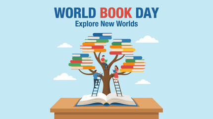 A vibrant illustration depicting World Book Day with readers on ladders exploring a colorful tree of books, promoting the joy and power of reading in various cultures. © maimaitishali aireti