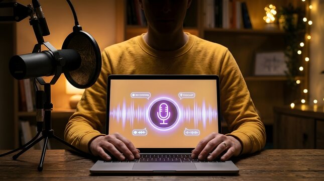 Recording a podcast or voiceover with a microphone and laptop screen displaying audio waves
