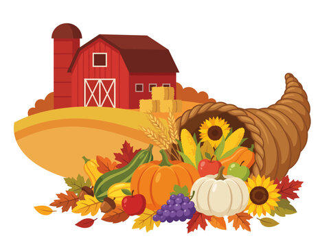 This vibrant harvest scene showcases a red barn amidst a plethora of autumn produce, embodying the spirit of fall and Thanksgiving celebrations with warm colors.