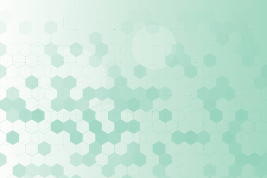 Abstract hexagonal grid with connecting lines and dots in gradient teal background science