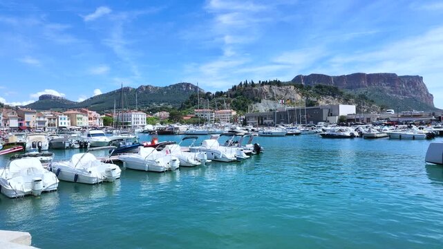 Panoramic View of Boats Moored in the Sunny Harbor of Cassis France