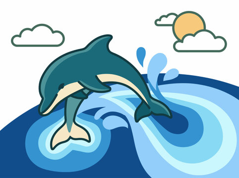A vibrant depiction of a dolphin leaping from waves under a bright sun, capturing the essence of joy and freedom found in nature and marine life activities.
