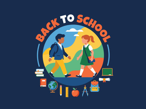 Two children in school attire joyfully walk towards school while carrying their backpacks, surrounded by various educational symbols representing the excitement of learning.