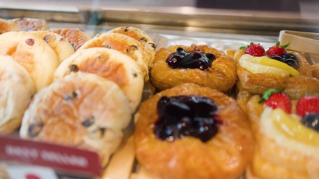 Assorted Fresh Pastries and Buns Displayed in a Bakery Glass Case