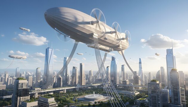 Futuristic city skyline with advanced airships and blimps providing aerial transport