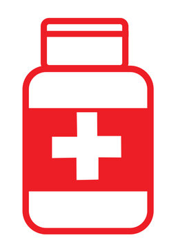 Medicine bottle with cross symbol in red and white flat design for healthcare services