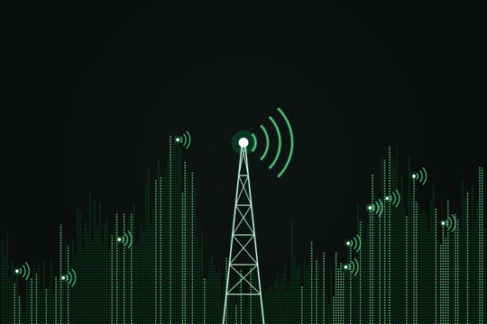 Digital network tower broadcasting signals over abstract green data landscape communication tower