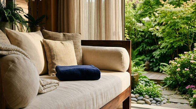 Comfortable outdoor daybed with plush cushions and a dark blue throw blanket overlooking a lush green garden oasis with natural light
