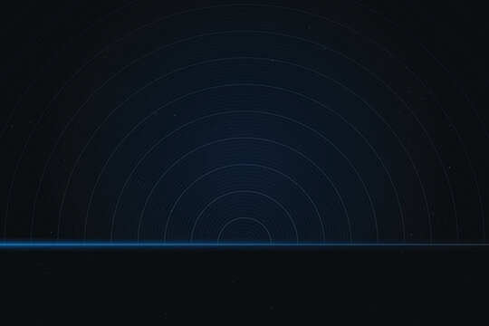 Glowing blue radar arches on dark starry background, sonar concentric circles arcs technology