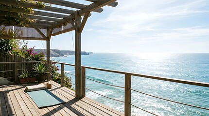 Obraz premium Ocean view yoga deck with wooden pergola and lush greenery overlooking sparkling blue sea under sunny sky