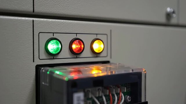 Close-up view of an industrial control panel with green, red, and yellow lights showing various machine statuses.