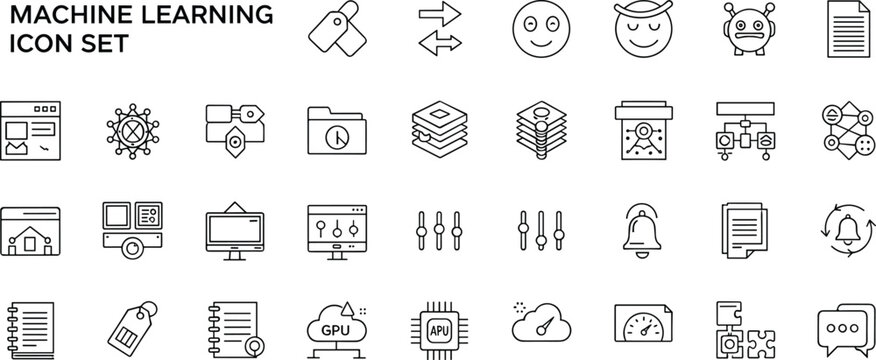 Machine learning and artificial intelligence icon set with neural network data processing automation analytics and algorithm symbols