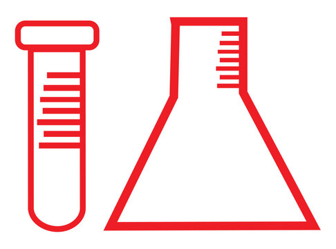 Laboratory glassware with red outline on white background for science and research