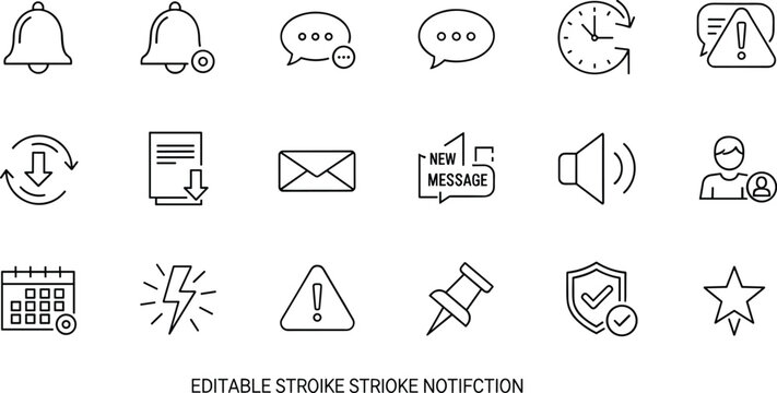 Notification alert and messaging line icon set with bell chat clock email speaker user security and update symbols
