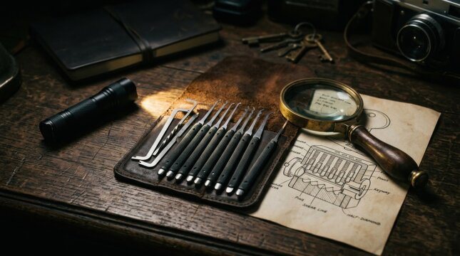 Professional lock picking tool kit in a leather case with a magnifying glass, technical lock mechanism diagram, vintage skeleton keys, and a flashlight on a rustic dark wooden desk.