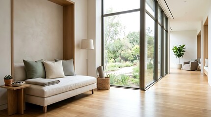 Fototapeta premium Serene modern living room with large window overlooking a lush garden and a comfortable daybed, natural light and minimalist decor