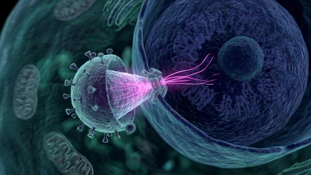 Microscopic view of virus infecting a human cell with glowing energy transfer.