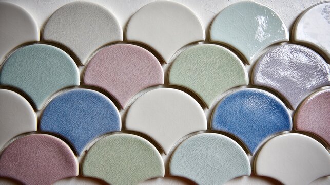 Ceramic surface covering features overlapping fan-shaped tiles in pastel colors