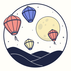 Floating lanterns drifting across night moon sky. © Ama