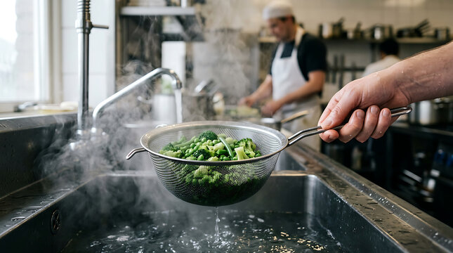 Hand holding strainer of broccoli over sink, chef preparing food in kitchen