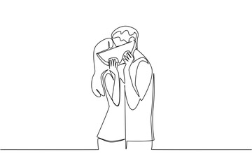 Obraz premium Amazing one line drawing portrays a handsome young man and a beauty female woman hiding a sweet kiss behind a watermelon slice. A summer romance concept totally suits a summer festival poster art.