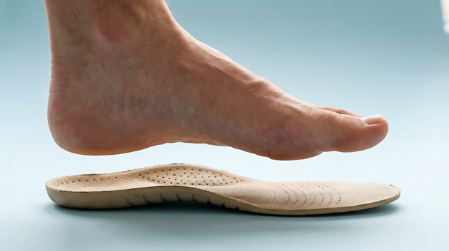 Close-up of a human foot above a supportive orthotic insole on a blue background