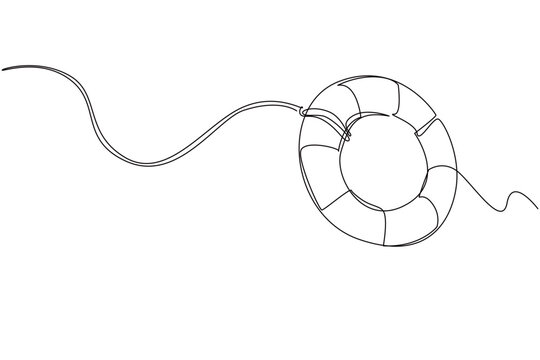 Simple continuous line drawing shows empty lifebuoy throwed away alone over sea water representing an emergency rescue concept. The striking black and white outline illustration fits a safety poster.