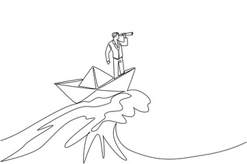 Obraz premium One line drawing portraying handsome young businessman standing on paper boat navigating large ocean waves using telescope. Delivers visionary business concept for startup company strategy book cover
