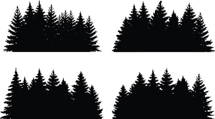 Silhouette illustrations of dense evergreen forests with coniferous trees, showcasing natural symmetry, woodland diversity, outdoor scenery, and botanical design © MstShahin