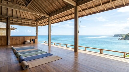 Fototapeta premium Serene open air yoga studio overlooking a tropical ocean vista with rolled mats ready for practice, promoting wellness and relaxation.