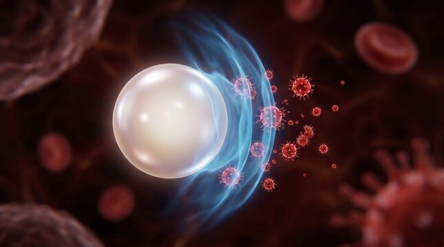 Microscopic glowing virus particles swirling around illuminated sphere in dark space