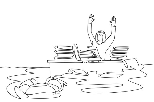 Single line drawing portrays young Arabian man surrendering behind floating desk full of papers. Office burnout and give up business concept perfectly tailored for an employee wellness brochure.