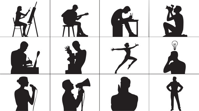 Silhouette illustrations of people engaging in various creative activities and professions