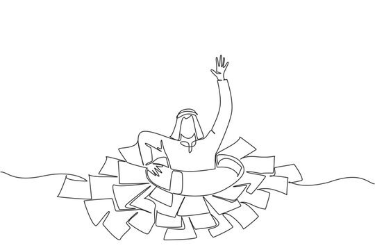 One line drawing shows a young Arabian man drowning in a large sea of scatted documents wearing a lifesaver. Heavy administrative tasks burden business concept ideal for corporate training slides.