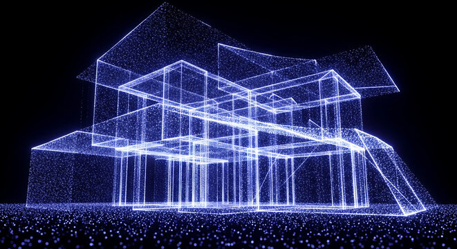 Abstract digital blueprint of a house constructed from luminous blue particles and lines with architecture blueprint schematic wireframe particle luminous abstract futuristic technology
