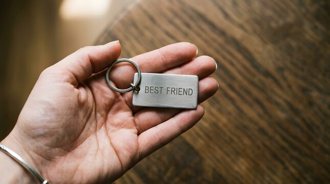 International friendship day hand holding 'best friend' keychain gift concept