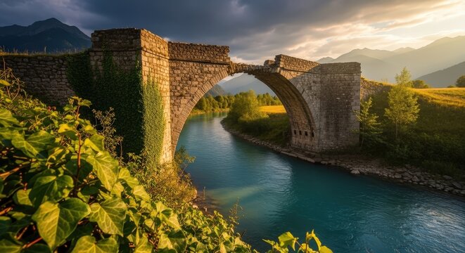 Weathered stone bridge spans a river