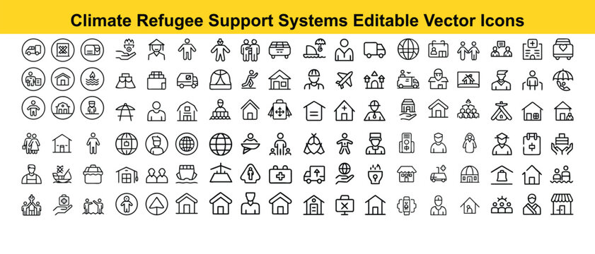108 Climate Refugee Support Systems Editable Line Vector Icons Set