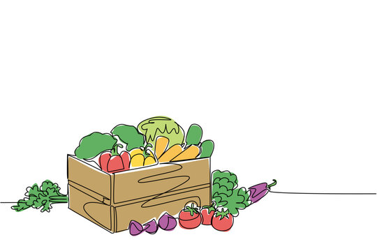 Continuous line drawing featuring a sturdy wooden crate box filled with various vegetables. Shows a great agriculture concept absolutely perfect for a fresh veggies day supermarket billboard.