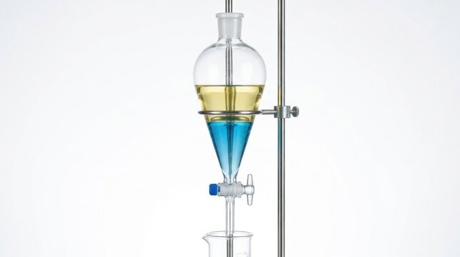 Laboratory glass separatory funnel on a retort stand containing distinct layers of yellow and blue immiscible liquids for chemical solvent extraction against a white background.