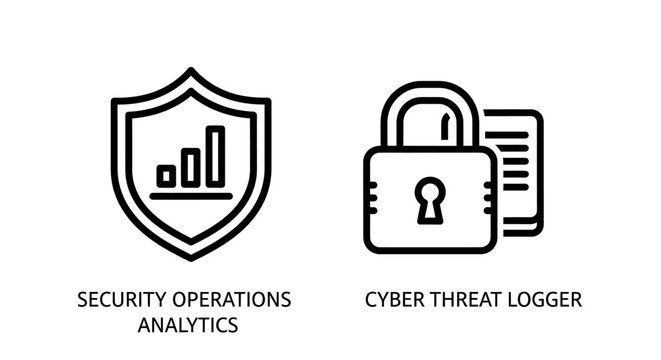 Security operations analytics and cyber threat logger icons with security